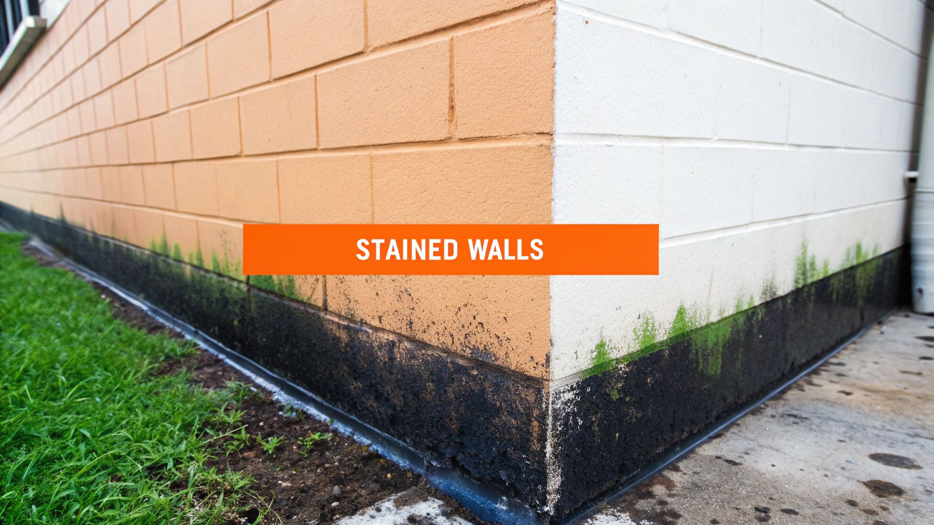 Stained walls with black and green discoloration at the base, indicating potential mold growth and moisture intrusion, relevant to mold detection and remediation in homes.