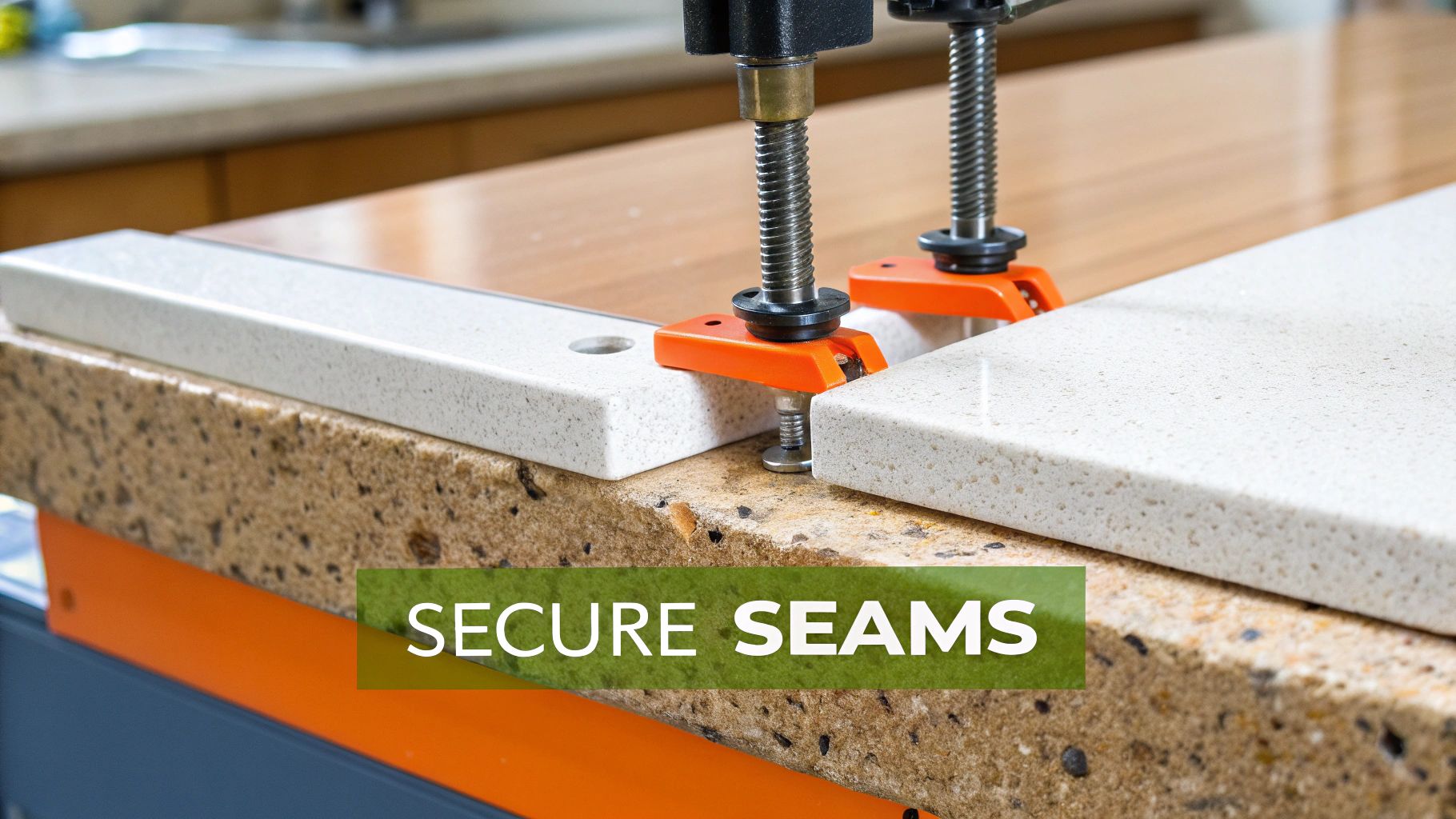 Secure seams in quartz countertop installation, showcasing clamps holding two pieces together for a flawless, professional finish.