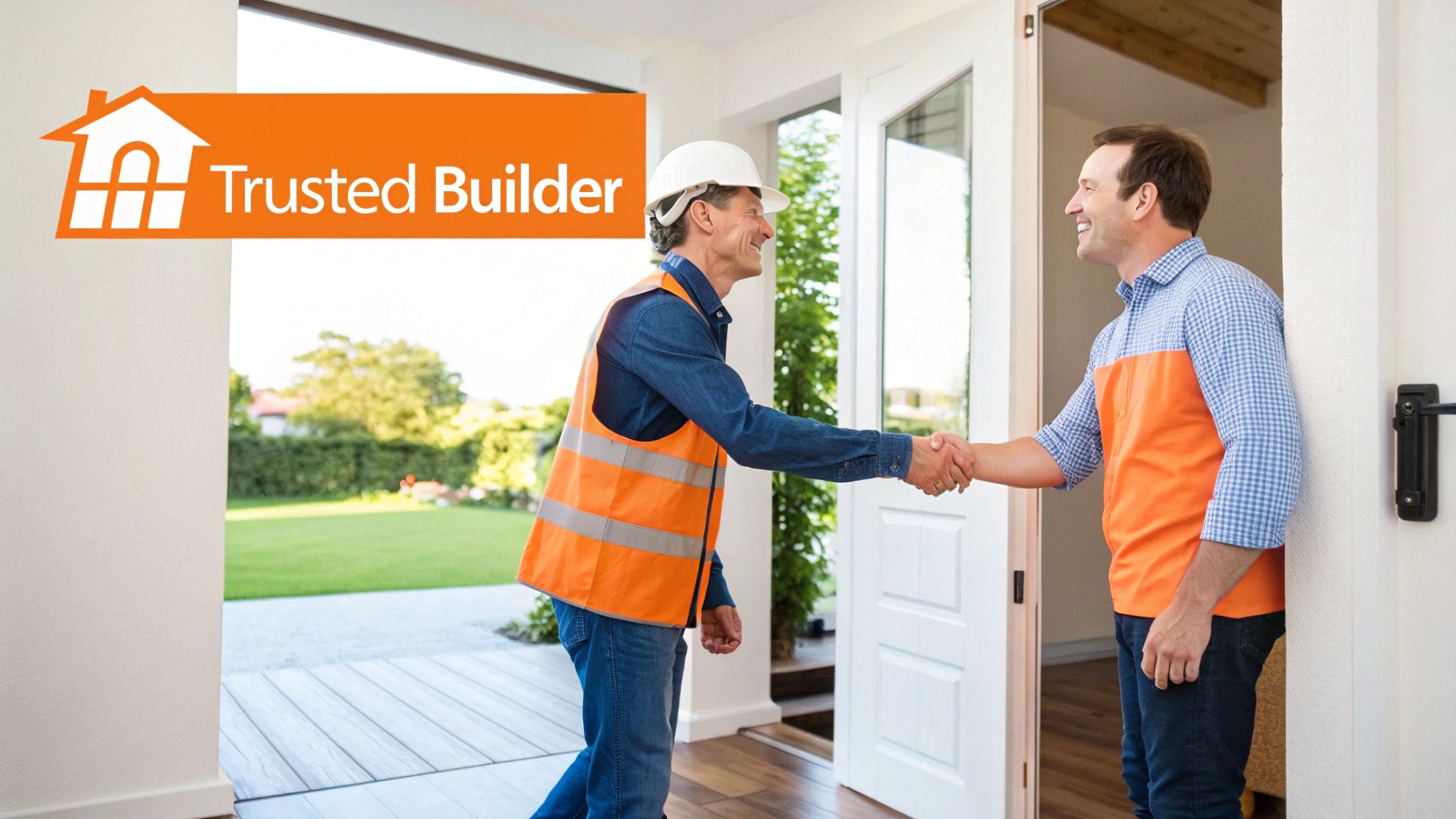 A happy builder and homeowner shaking hands in a doorway with a 'Trusted Builder' logo.