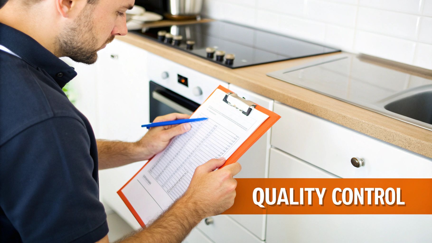 A man performs quality control inspection in a modern kitchen, checking items on a clipboard.