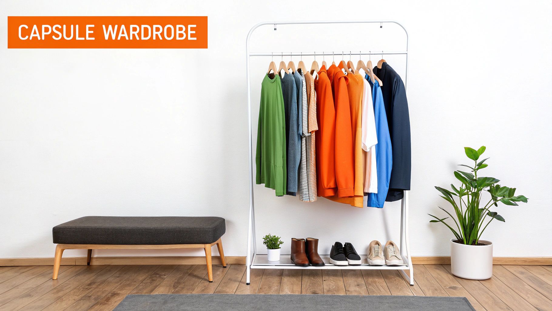 Minimalist capsule wardrobe display featuring a variety of colorful shirts on a rack, with a cozy bench and potted plant in a stylish, organized interior.