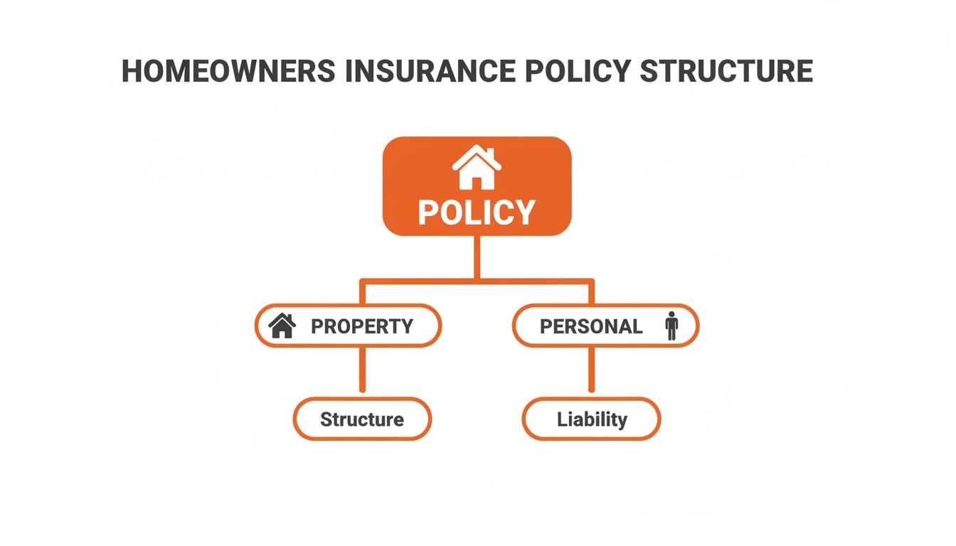 Flowchart illustrating the structure of a homeowners insurance policy, detailing property and personal coverage.