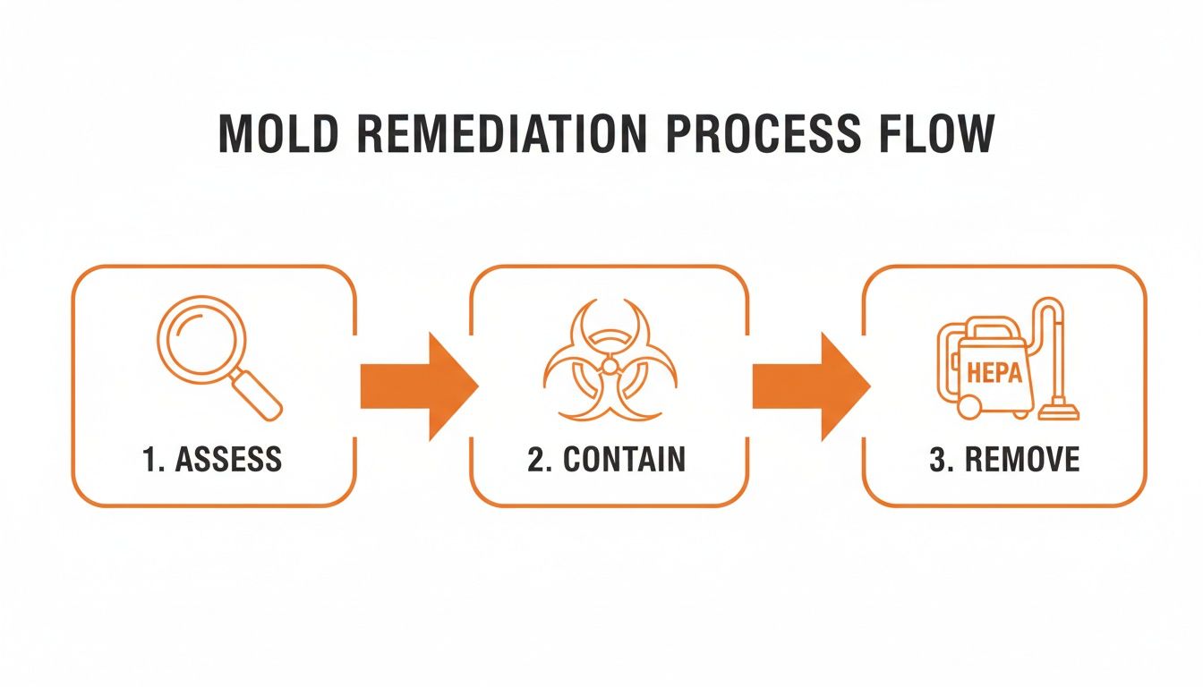Mold remediation process flow diagram illustrating three steps: assess, contain, and remove, emphasizing effective mold management for water-damaged carpets.