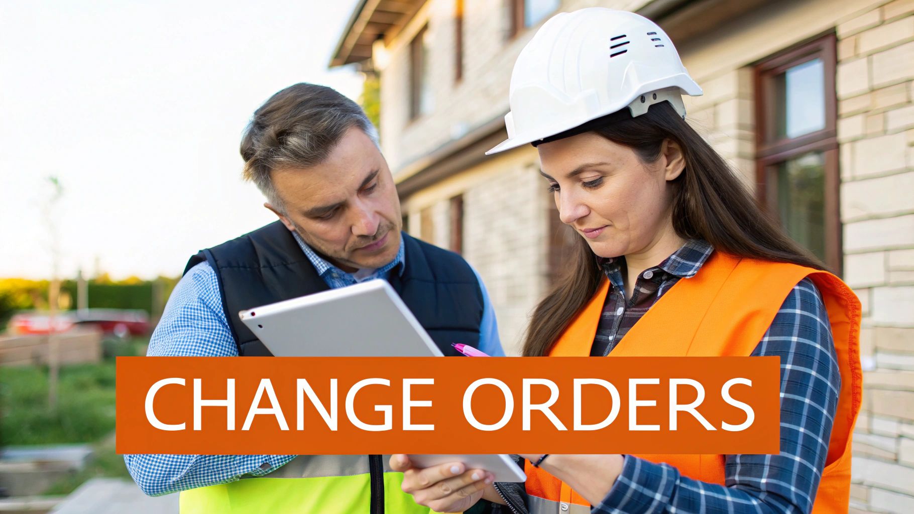 Construction professionals review change orders on a tablet at a job site.