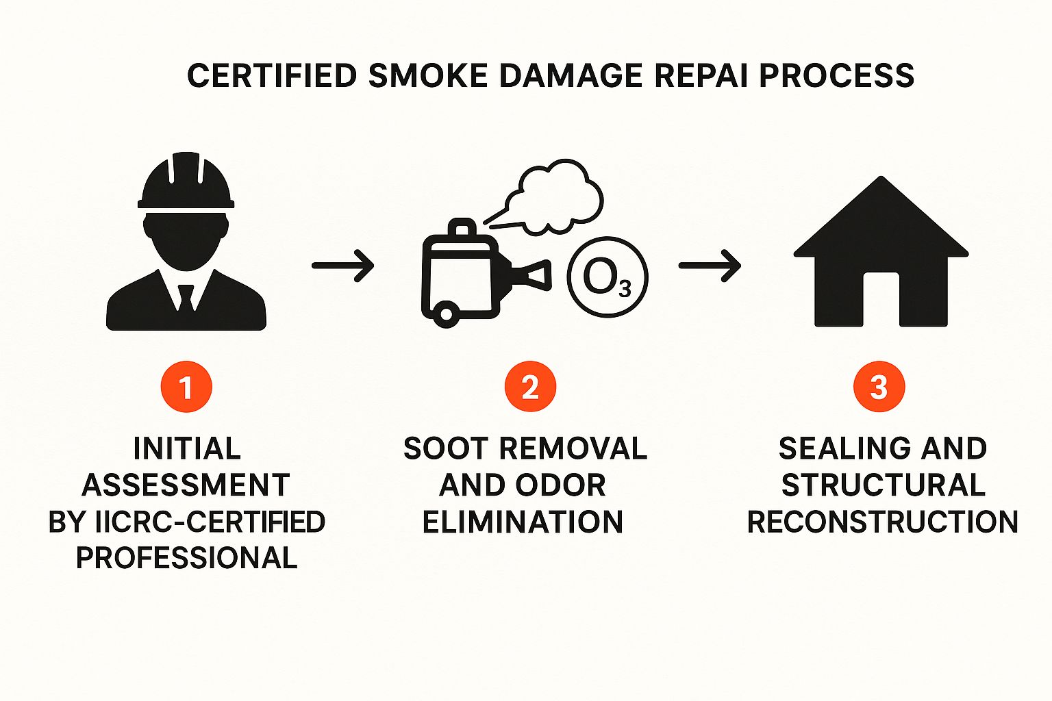 Certified smoke damage repair process infographic illustrating three phases: initial assessment by IICRC-certified professional, soot removal and odor elimination using advanced techniques, and sealing and structural reconstruction for effective restoration.