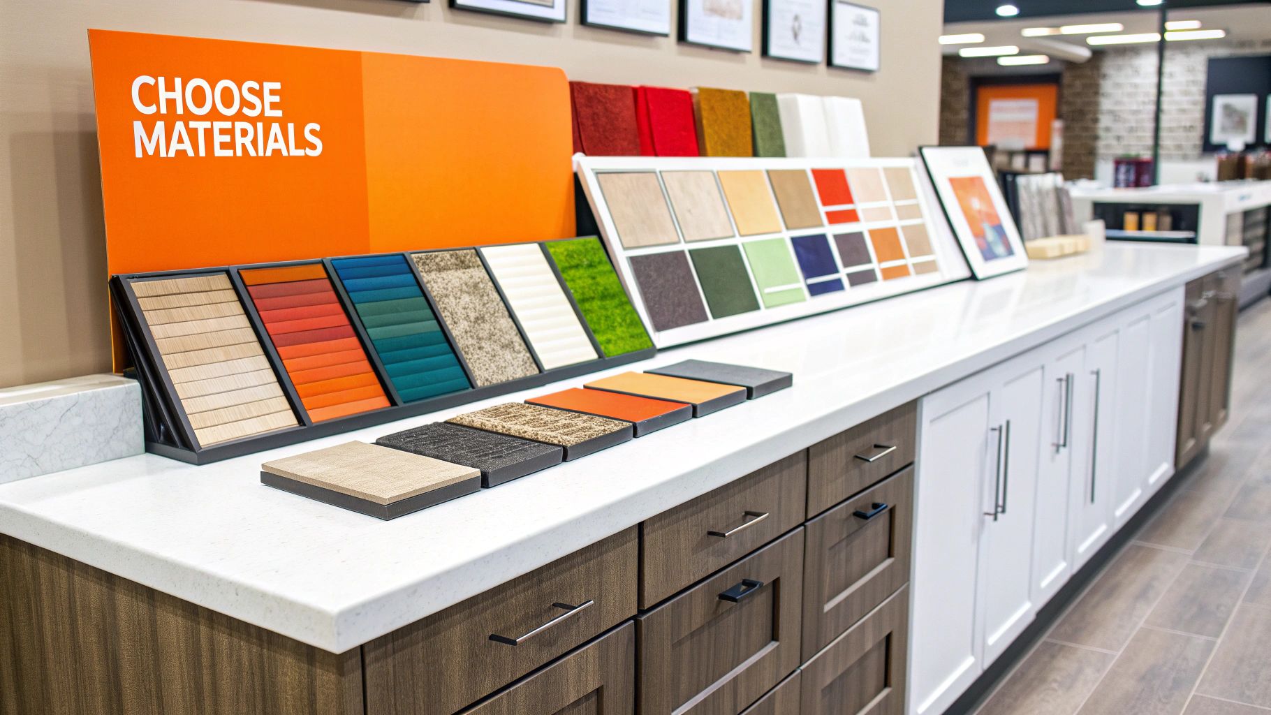 Display of various kitchen materials and finishes, featuring a prominent sign reading "CHOOSE MATERIALS," showcasing color samples and textures for renovation planning.