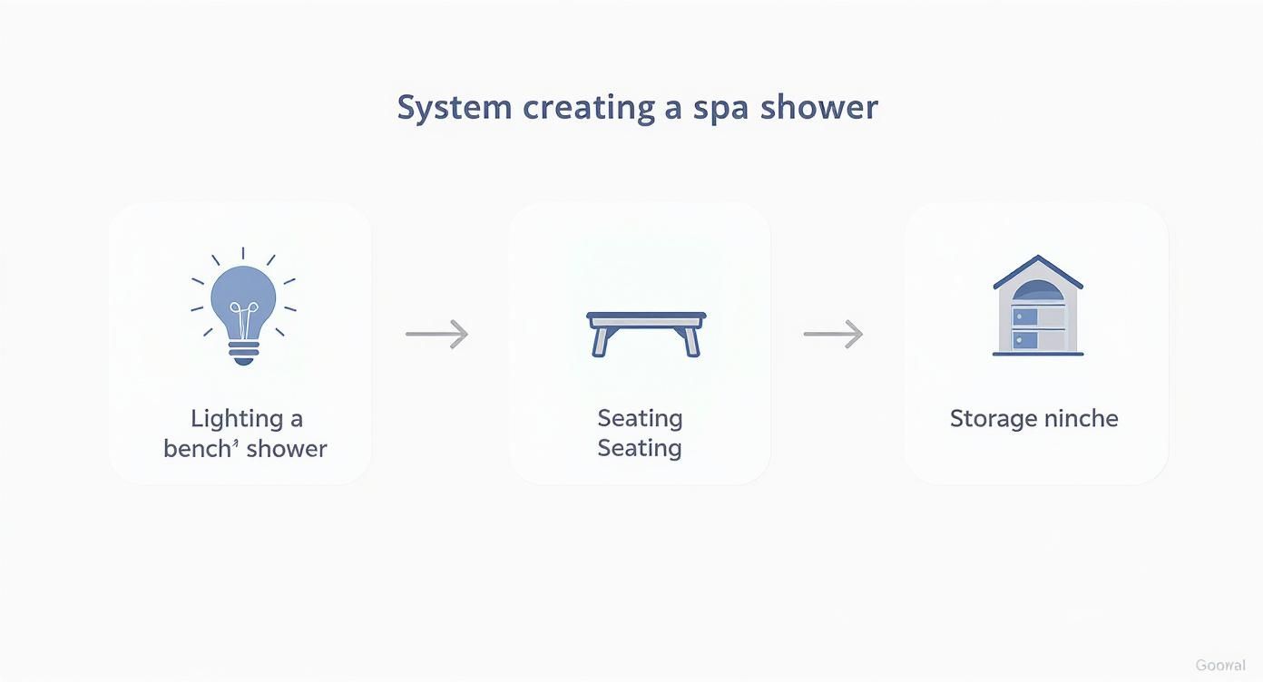 Infographic showing the process flow for creating a spa-like shower with icons for lighting, seating, and storage.