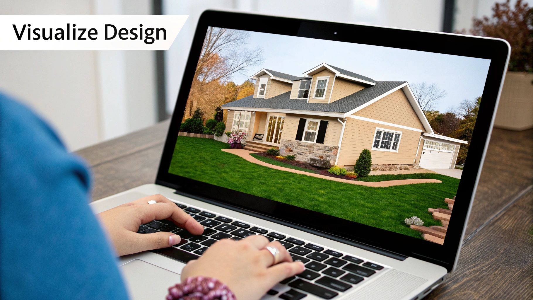 Person using a laptop to visualize a design of a home addition, showcasing a modern house with landscaped yard and clear blue sky, emphasizing home remodeling and planning in Orange County.