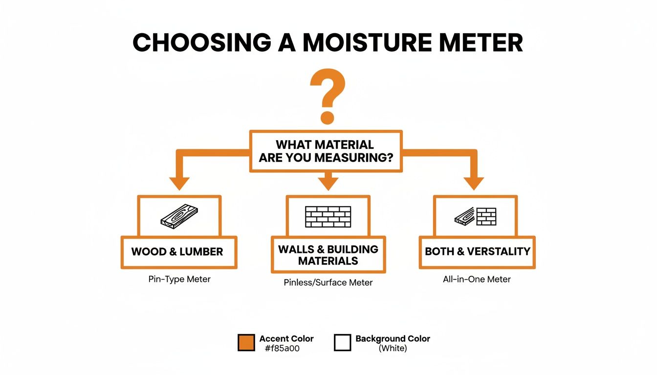 Flowchart guiding the selection of moisture meters for wood, walls, or both materials.