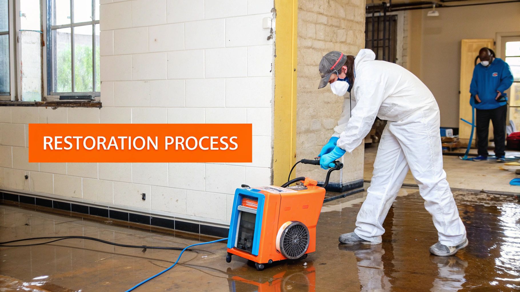 Water damage restoration technician operating drying equipment in flooded interior space, emphasizing the restoration process.