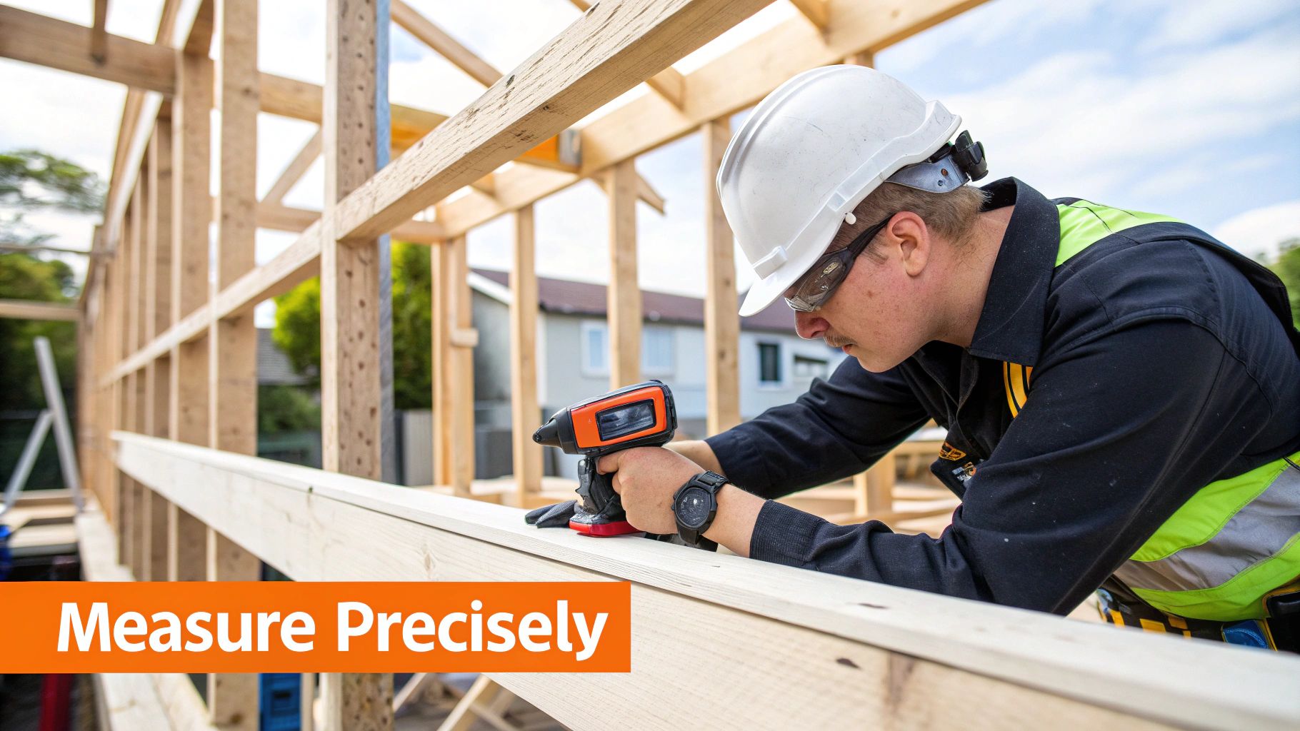 Construction worker measuring wood with a laser tool, emphasizing precision in building, surrounded by wooden framework.