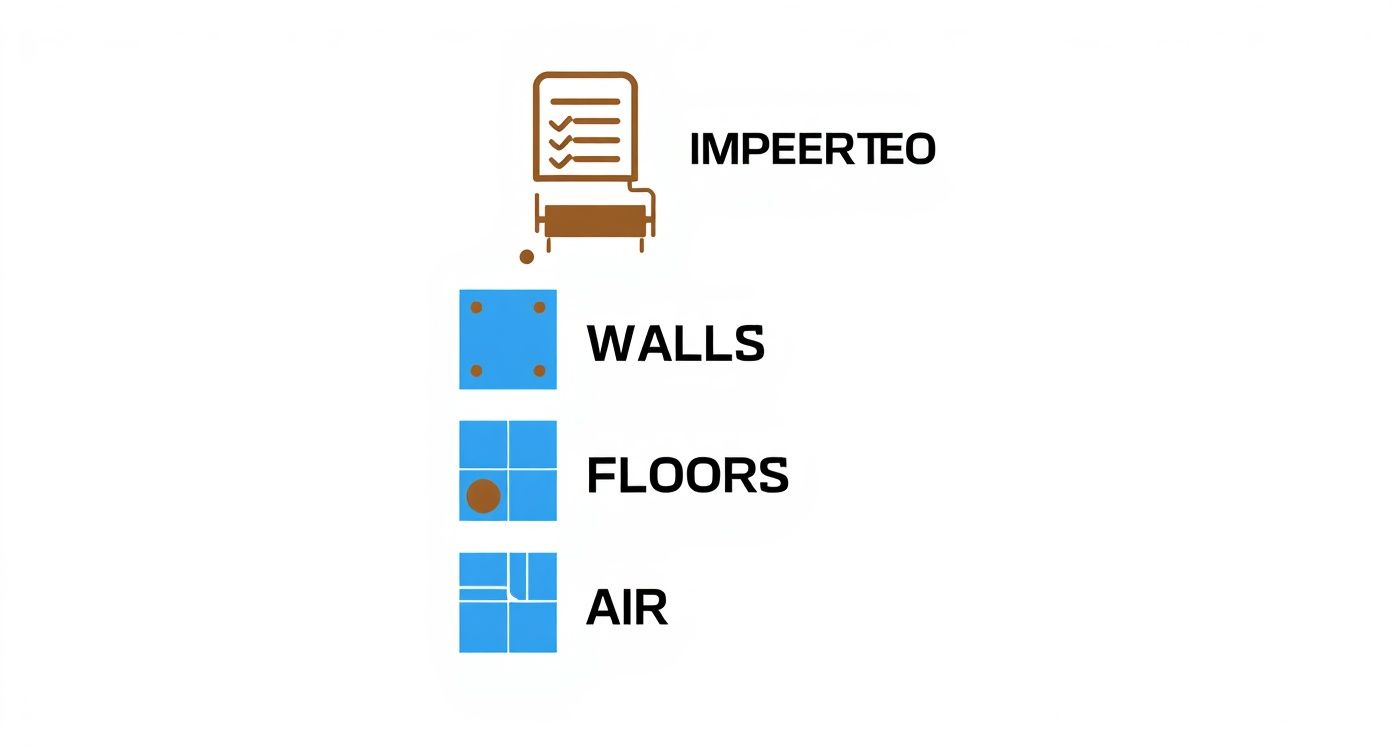 Diagram showing 'IMPEERTEO' process with icons for walls, floors, and air for property assessment.