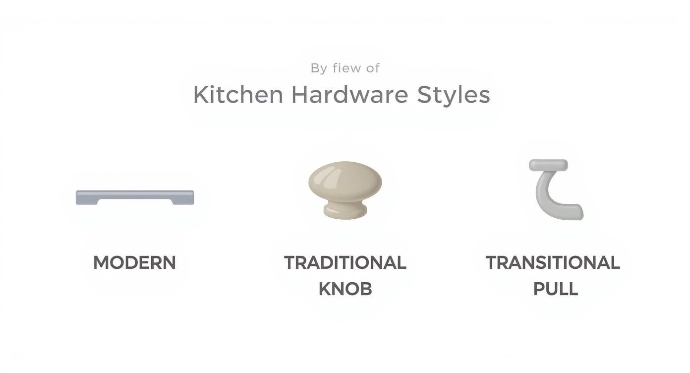 An image displaying three kitchen hardware styles: modern pull, traditional knob, and transitional pull.