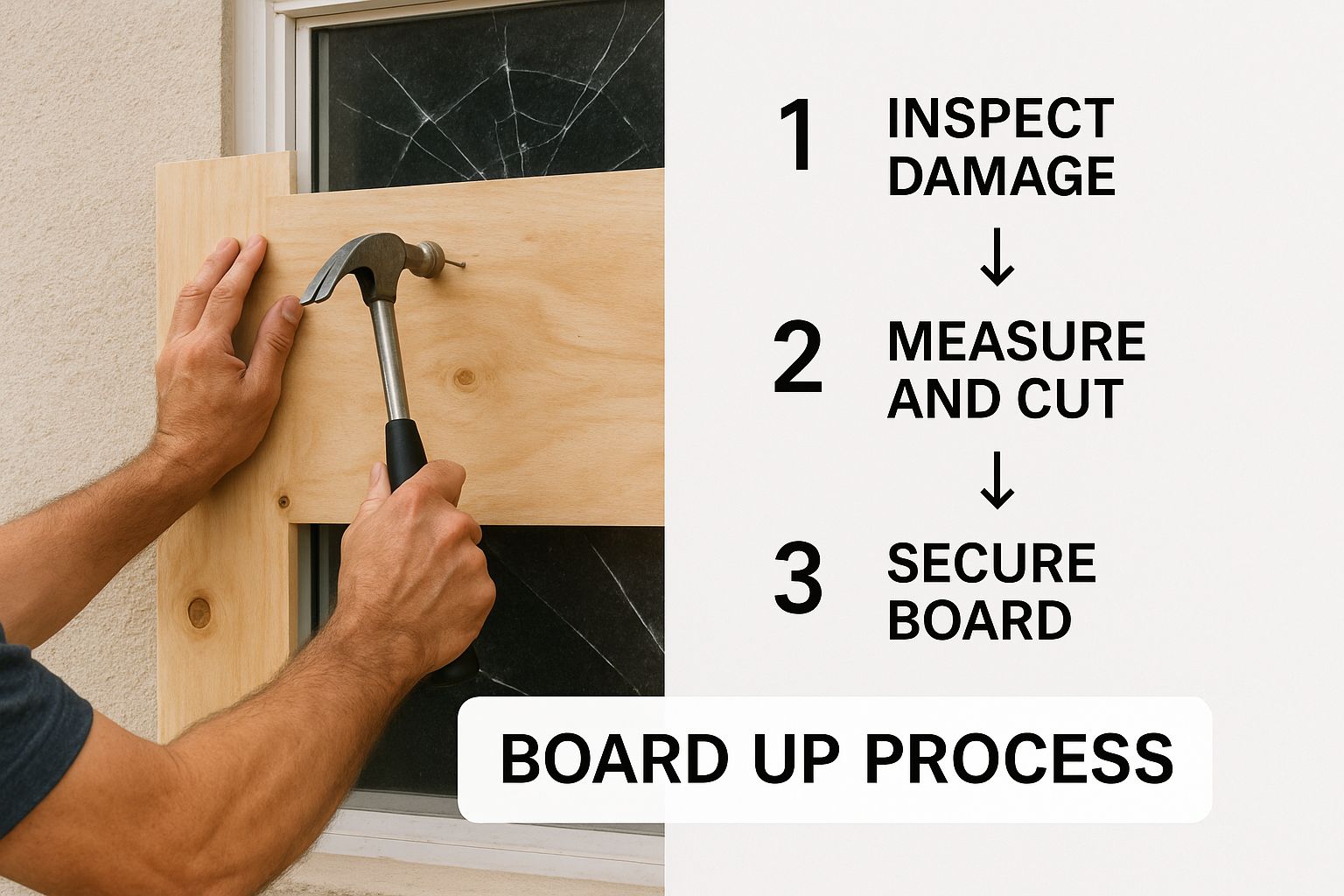 Hands securing plywood over a window with a hammer, illustrating the board-up process for property protection after damage, including steps: inspect damage, measure and cut, secure board.