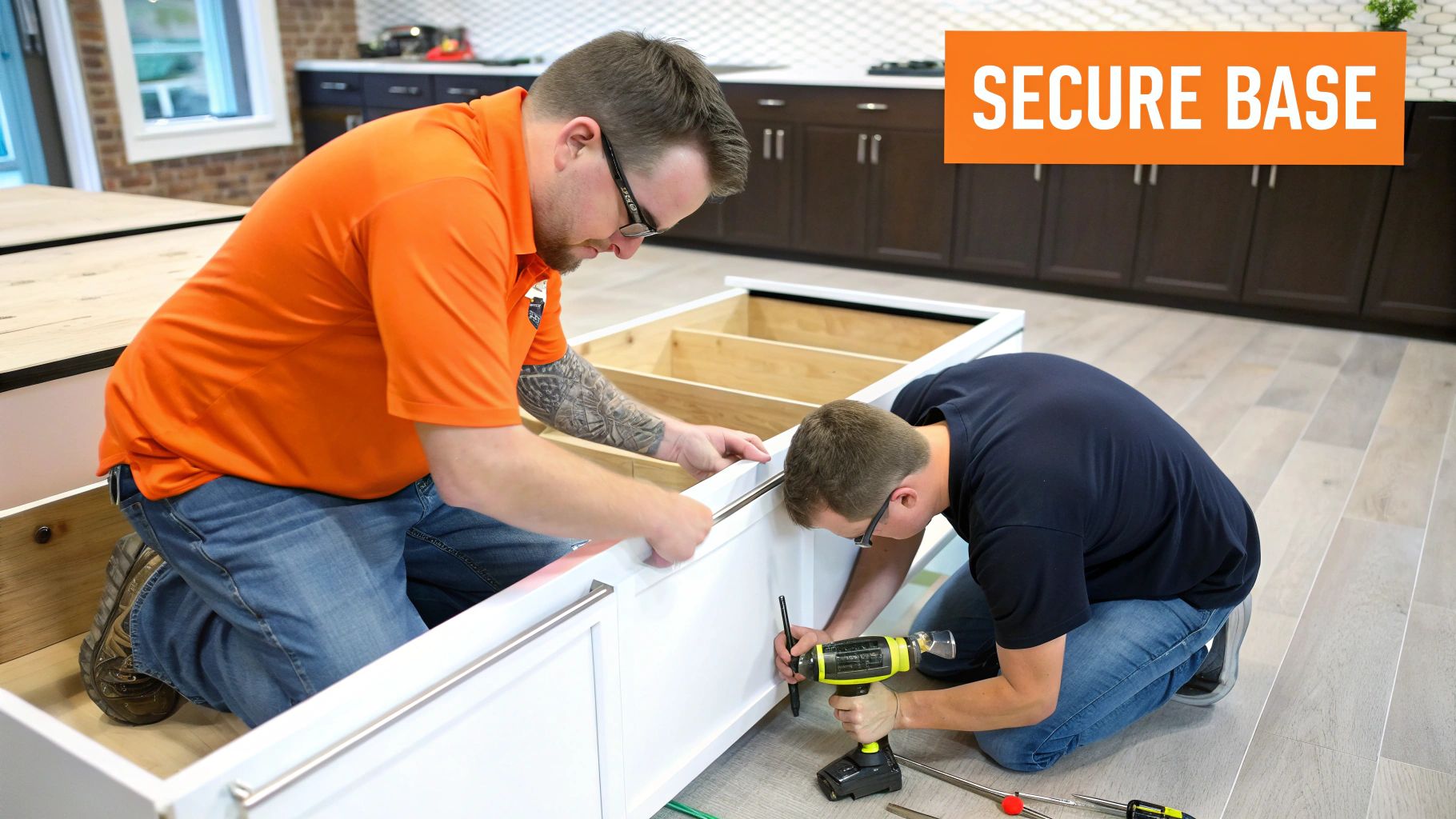 Two workers assembling a kitchen island base, focusing on securing the structure, with tools and a partially constructed island in a modern kitchen setting.