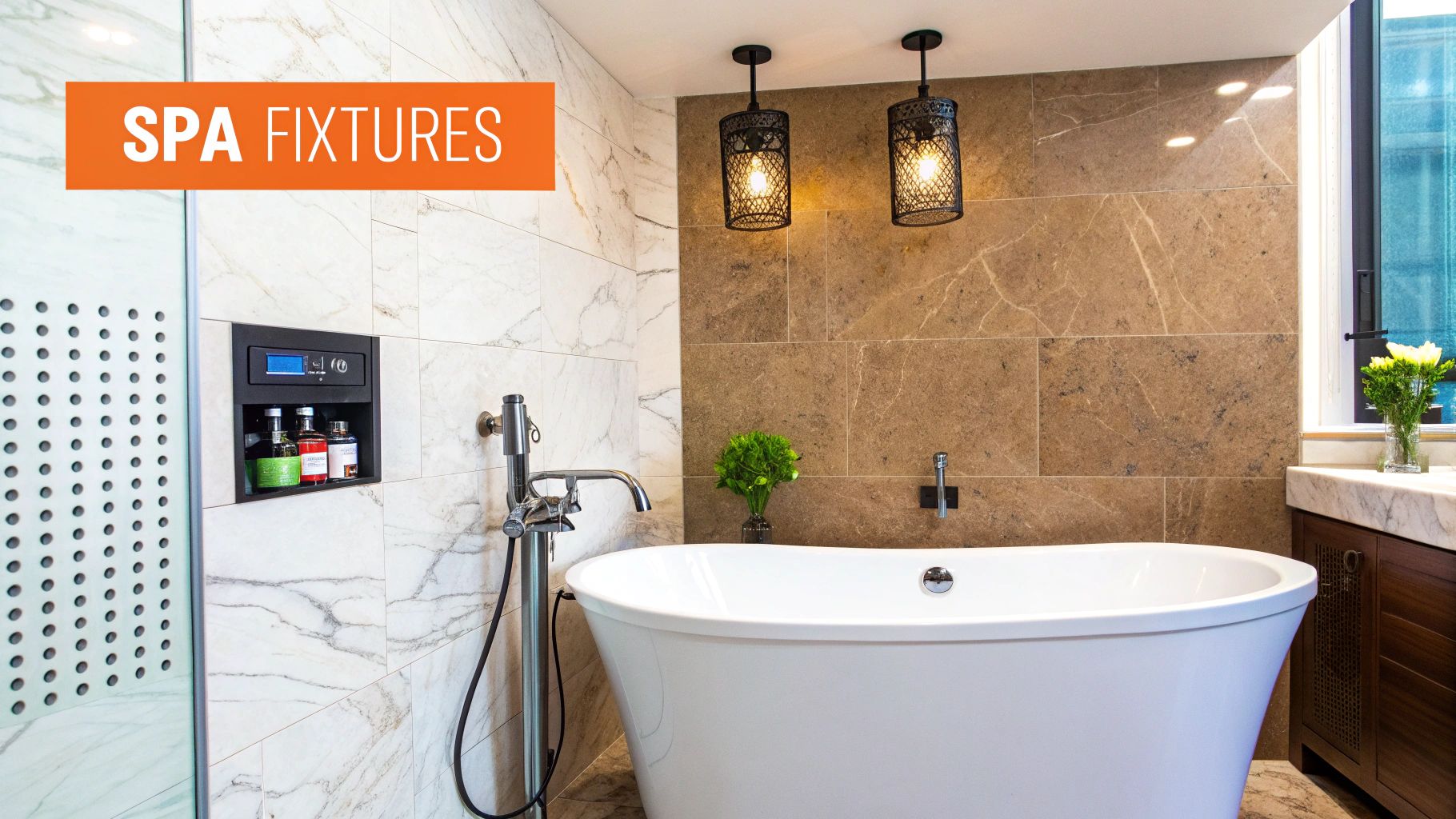 Spa fixtures in a luxurious bathroom featuring a freestanding tub, modern faucet, decorative plants, and elegant lighting, emphasizing a serene wellness retreat atmosphere.