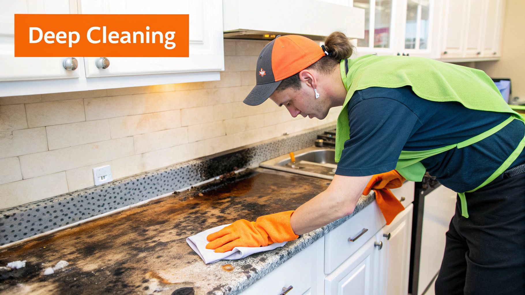Person in orange gloves performing deep cleaning on a fire-damaged kitchen countertop, with visible soot and discoloration, emphasizing restoration efforts by Sparkle Restoration.
