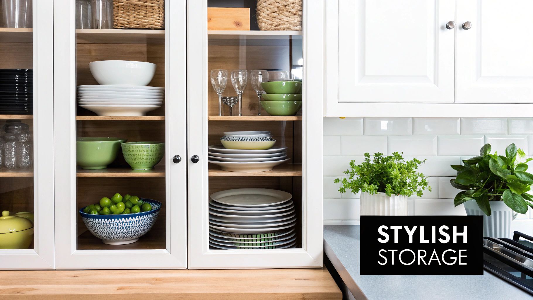 Glass-front kitchen cabinet showcasing stylish storage with various dishware, bowls, and decorative plants, emphasizing modern design and organization.