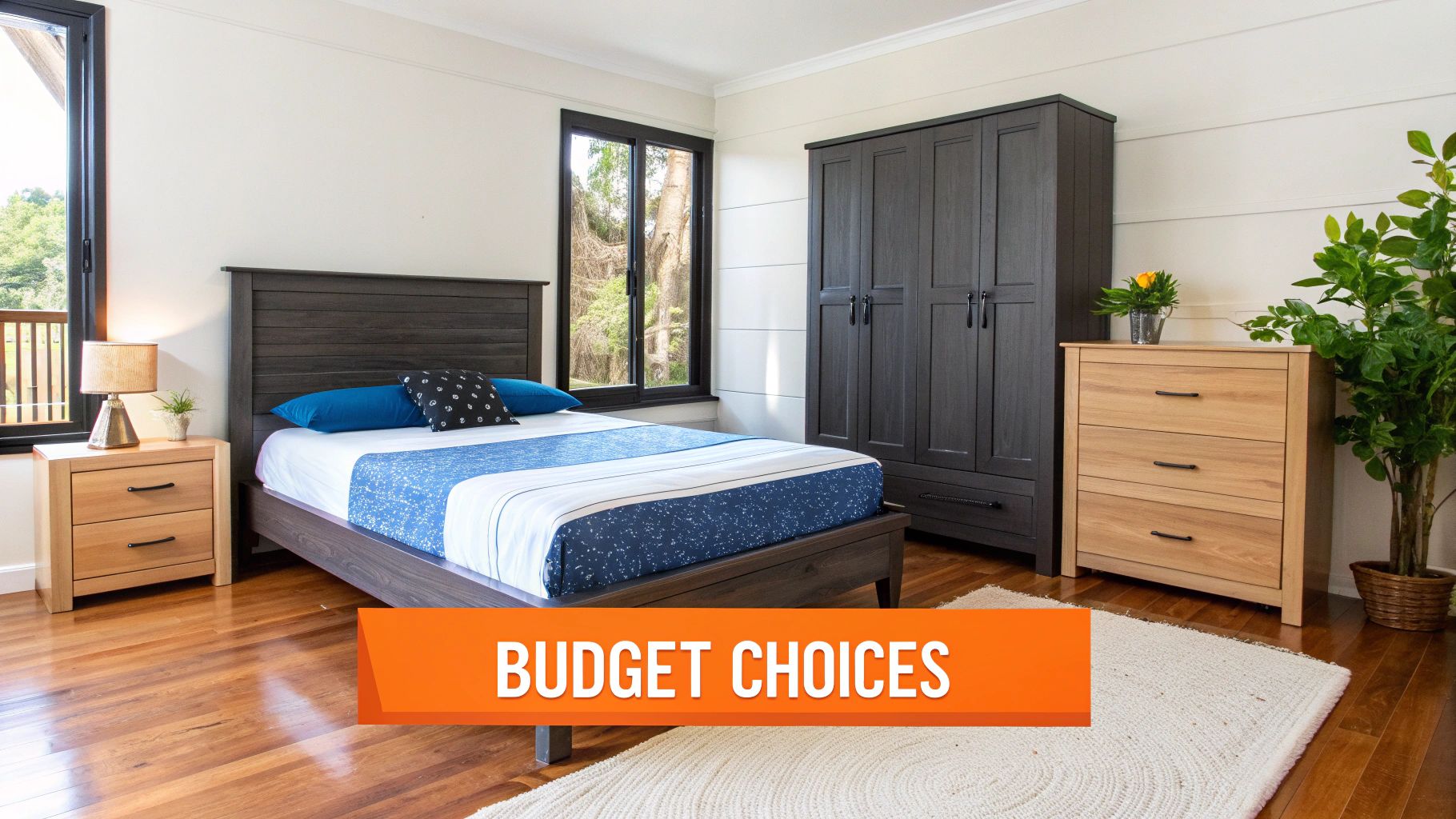 A modern bedroom with dark wood bed, nightstand, wardrobe, and light wood dresser with a plant.