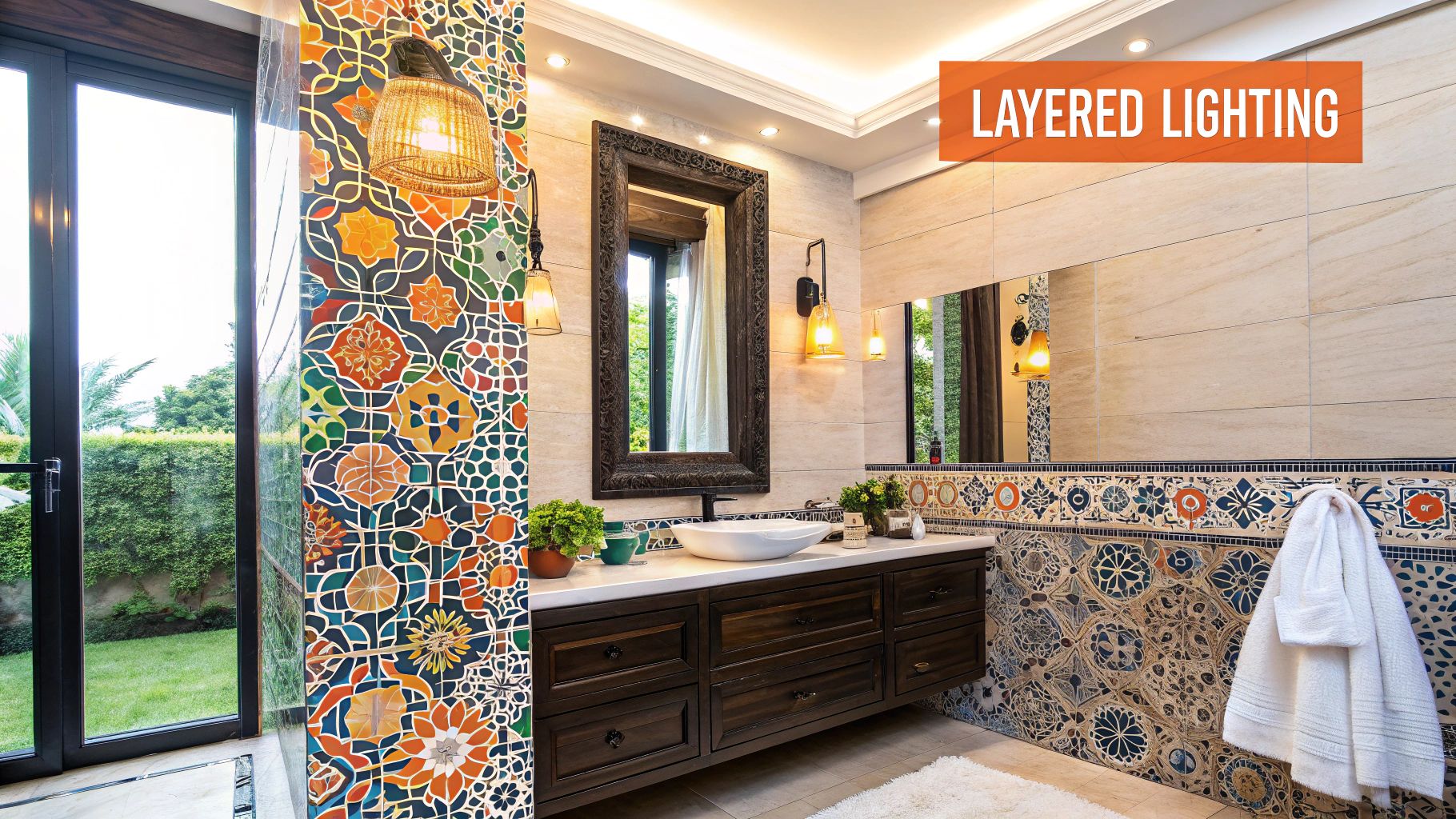 Spa-like bathroom with vibrant tile accents, layered lighting, stylish wooden vanity, and a large mirror, showcasing a tranquil atmosphere ideal for relaxation and rejuvenation.