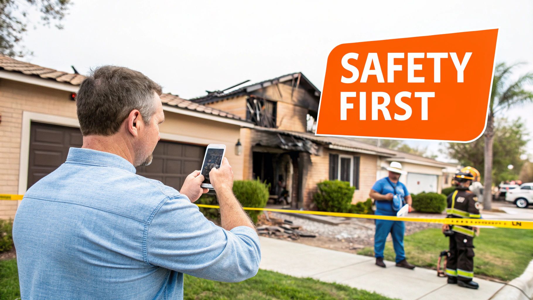 A man photographs a fire-damaged house behind caution tape, with emergency workers nearby, and a 'SAFETY FIRST' graphic.
