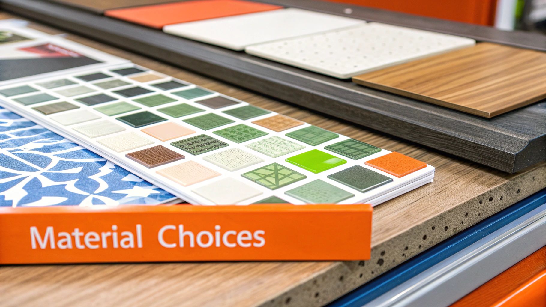 Material choices display featuring a variety of color swatches, including greens, browns, and textures, alongside samples of countertops and flooring, emphasizing options for kitchen remodeling in Orange County.