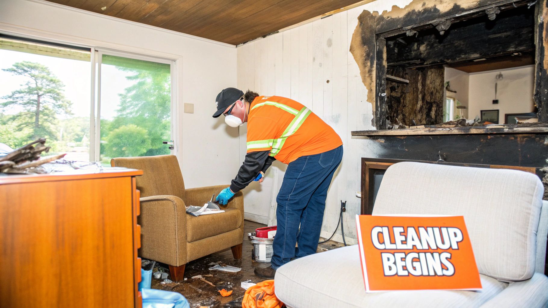 Person in safety gear cleaning a fire-damaged living room, with visible soot on walls and a sign reading "CLEANUP BEGINS," highlighting Sparkle Restoration's fire restoration services.