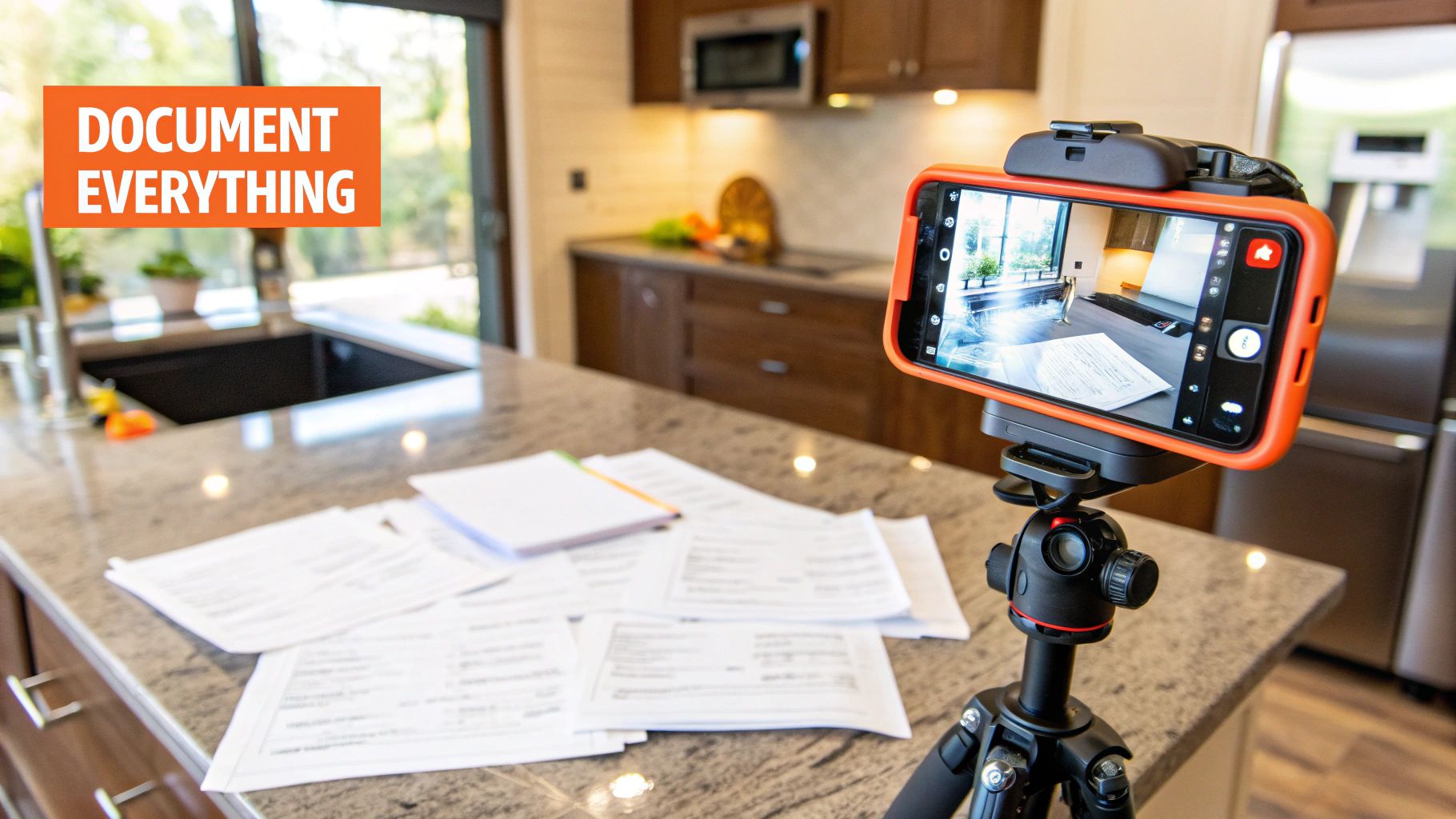 A smartphone on a tripod records documents spread on a kitchen counter, with text 'Document Everything'.