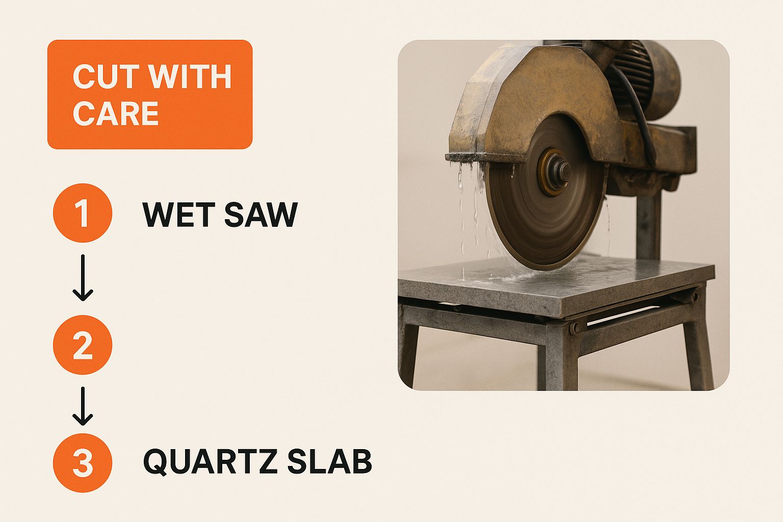 Wet saw with diamond blade cutting quartz slab, water flowing to cool blade and reduce dust, emphasizing precision and care in countertop installation.