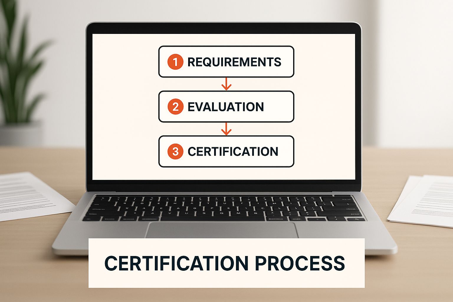 Laptop displaying a flowchart of the certification process for restoration services, highlighting requirements, evaluation, and certification, with printed documents on the table, emphasizing the importance of IICRC certification in the restoration industry.