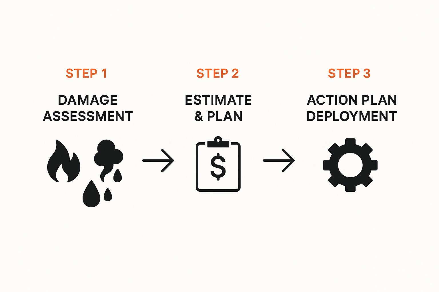 Damage restoration process flowchart showing three steps: damage assessment with fire and water icons, estimate and plan with a dollar sign, and action plan deployment with a gear symbol.