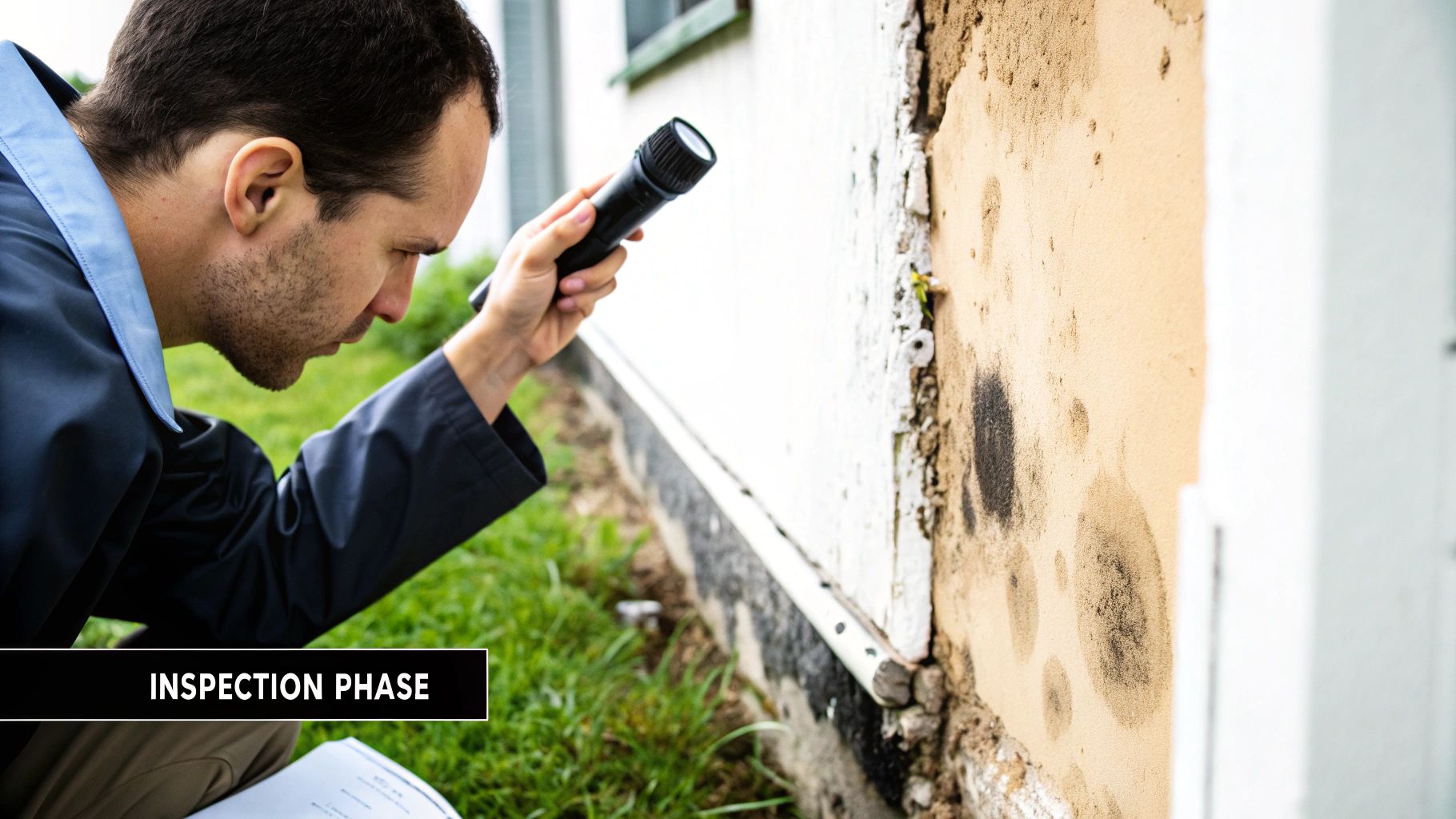 Man inspecting a wall with visible mold growth using a flashlight during the mold assessment phase, emphasizing the importance of professional evaluation for effective remediation.