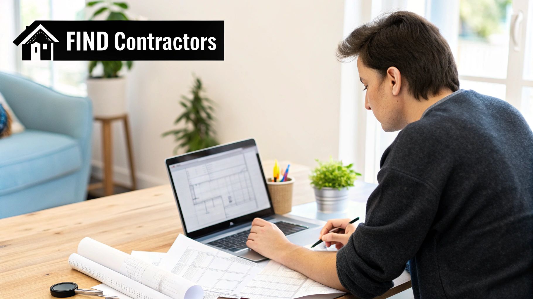 Person working on a laptop with architectural plans and a notepad, surrounded by office supplies, emphasizing contractor selection for kitchen remodeling, with "FIND Contractors" text overlay.