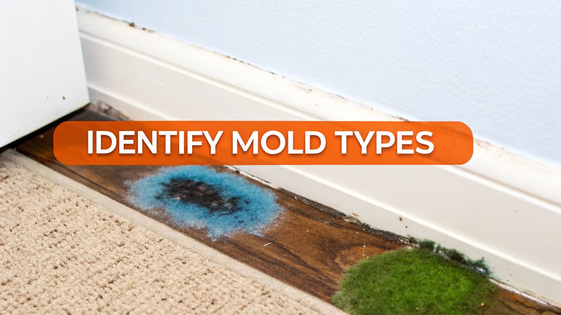 A close-up of different mold types on a wooden floor near a baseboard and carpet, with text 'IDENTIFY MOLD TYPES'.