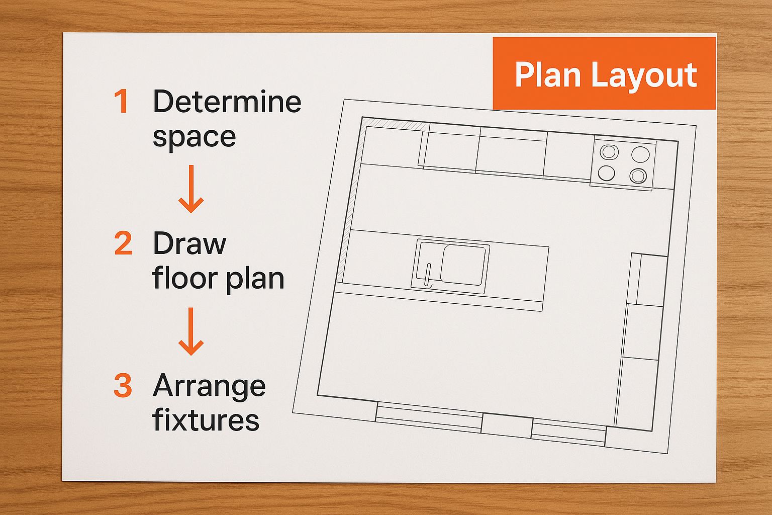Kitchen renovation plan layout illustrating steps: determine space, draw floor plan, and arrange fixtures, emphasizing meticulous planning for successful remodeling.