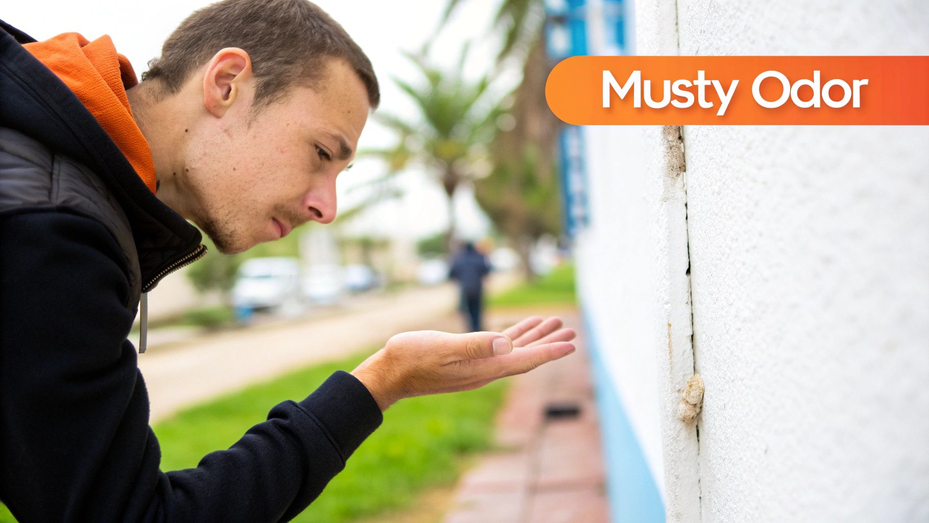 Person inspecting wall for musty odor, indicating potential mold presence, with palm raised near wall crack.