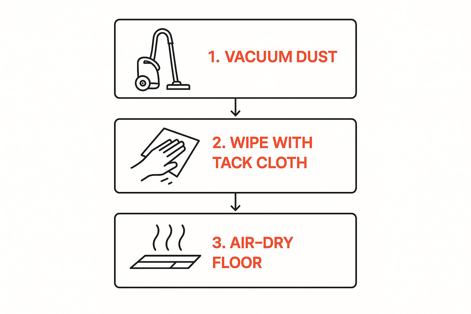 Infographic illustrating three steps for preparing hardwood floors: vacuuming dust, wiping with tack cloth, and air-drying the floor, with clear icons and instructions.