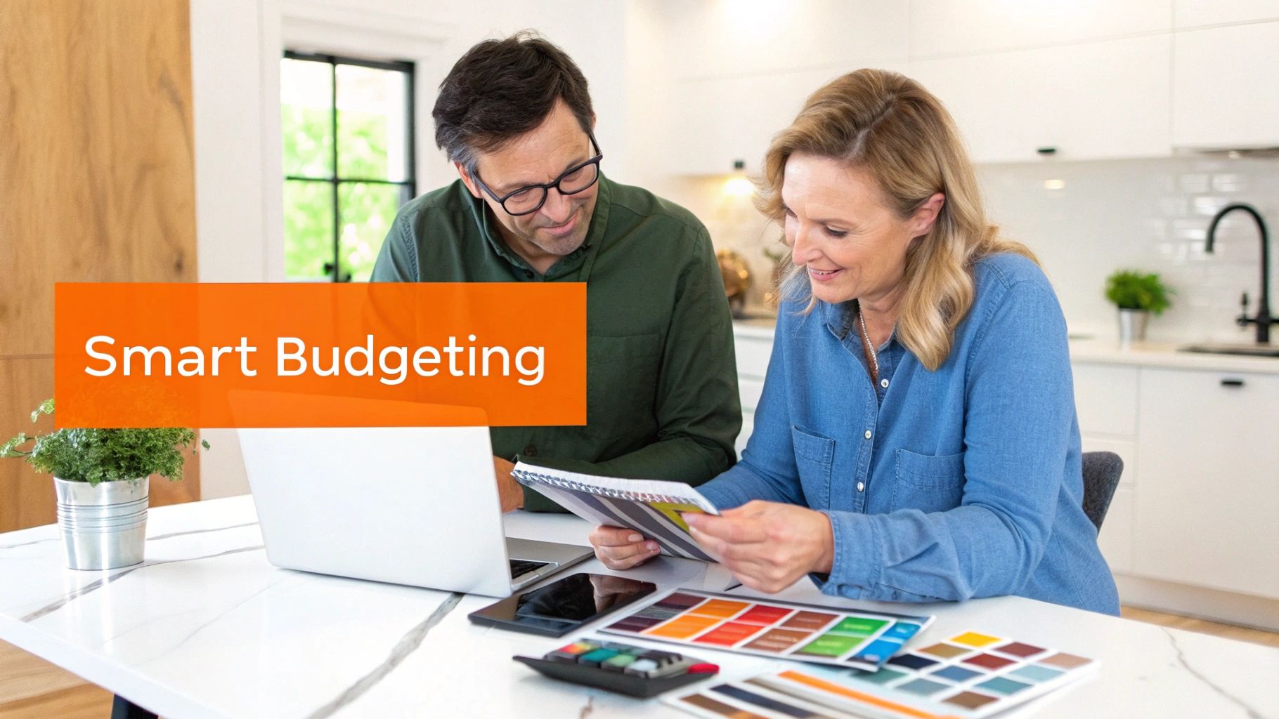 A happy couple reviews color swatches and a laptop, planning a home renovation project.