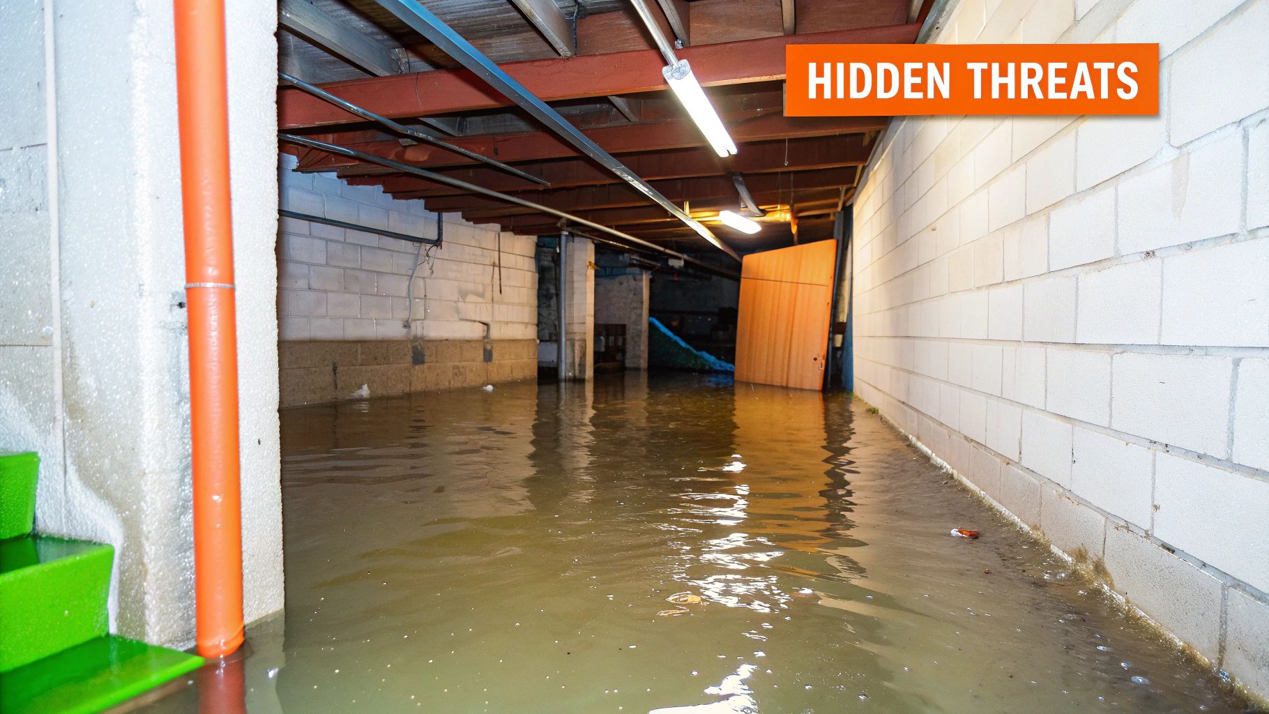 Flooded basement with standing water, orange pipe, green stairs, and a sign reading "Hidden Threats," illustrating the dangers of water damage and its impact on home structure in Orange County.