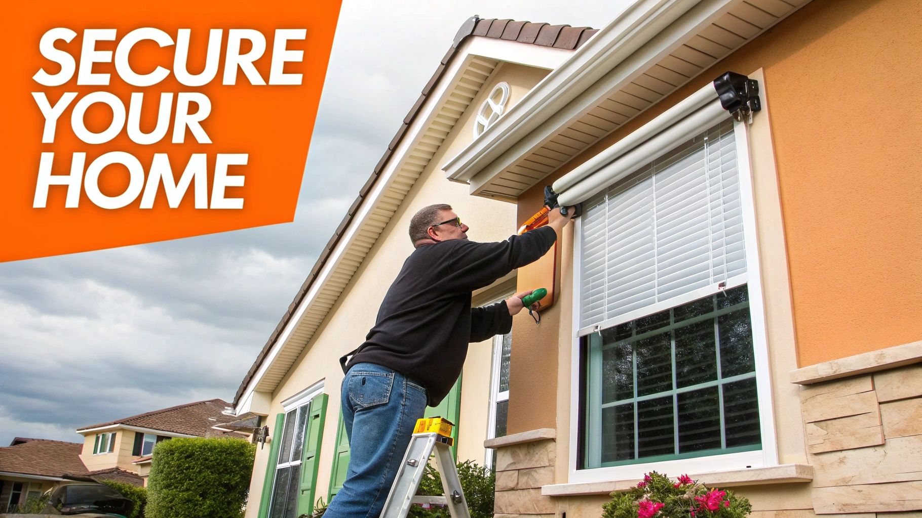 Man installing window security shutters on a home, emphasizing the importance of securing your property against natural disasters and enhancing safety in Southern California.