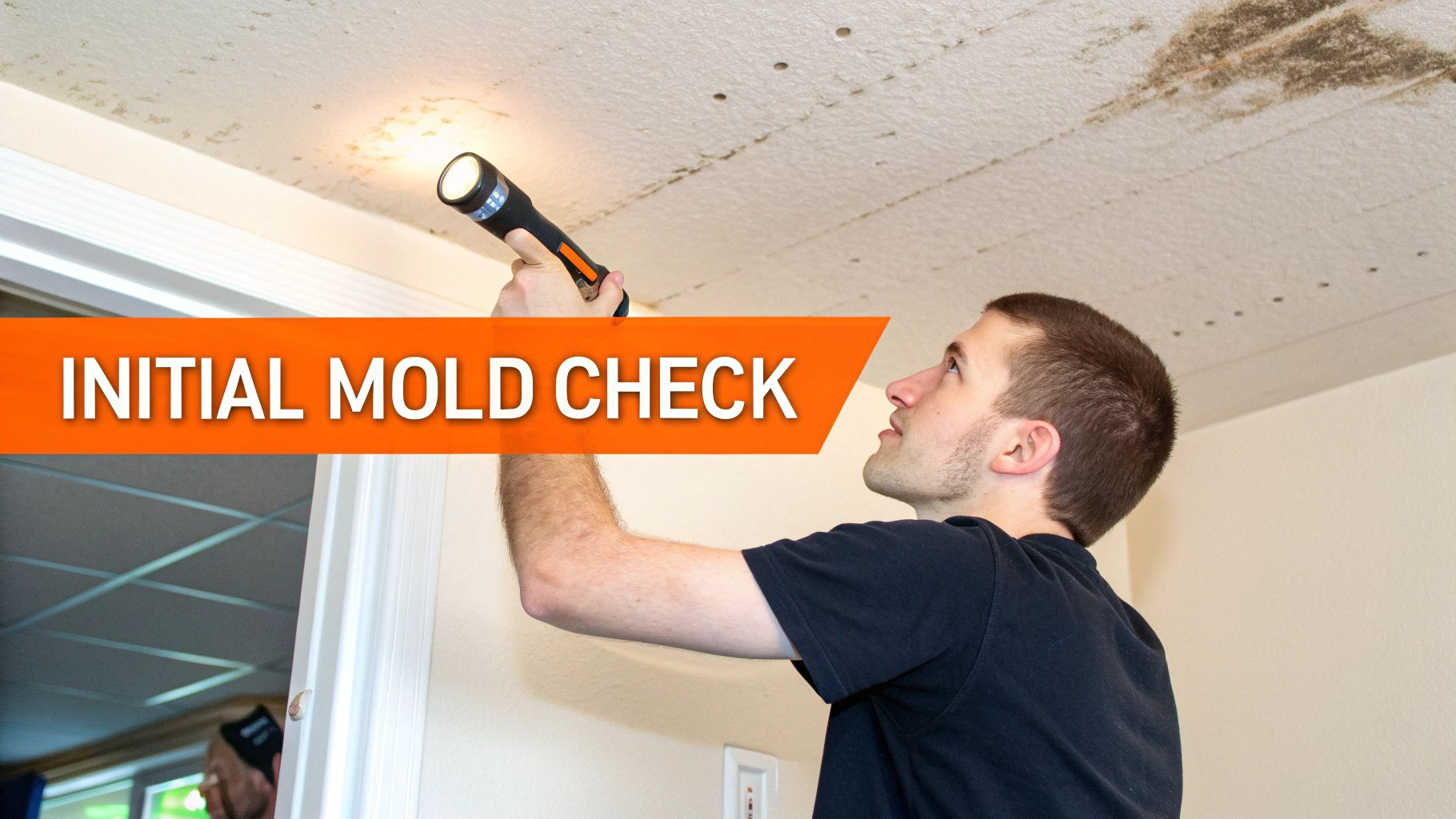 A man using a flashlight to inspect a textured ceiling with visible mold and water damage.