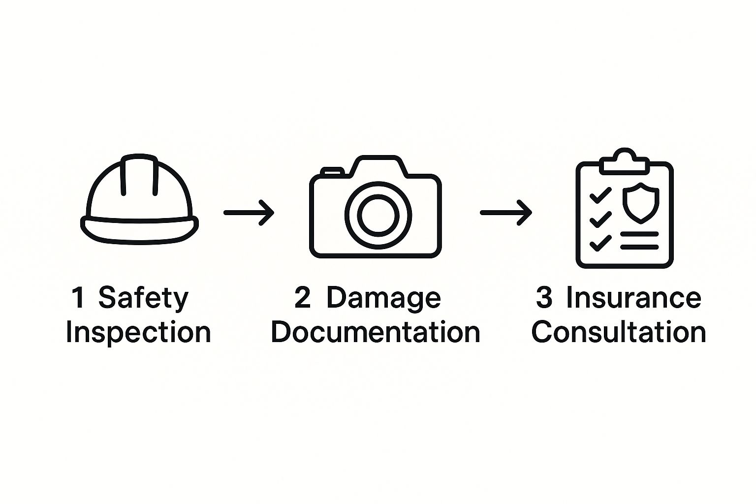 Iconographic representation of fire damage restoration process steps: safety inspection, damage documentation, and insurance consultation.
