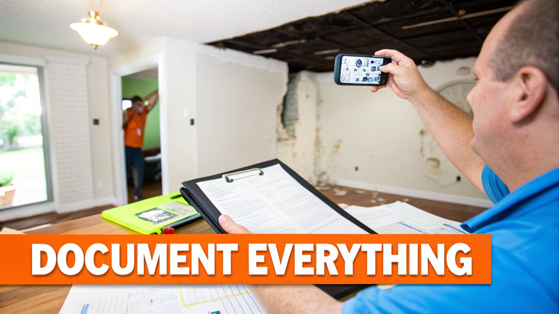 Person documenting property damage with a smartphone and clipboard in a home, emphasizing the importance of thorough documentation for insurance claims.