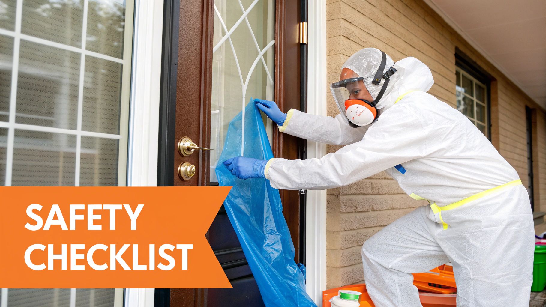 Person in hazmat suit, respirator, and gloves preparing a door with a blue sheet.