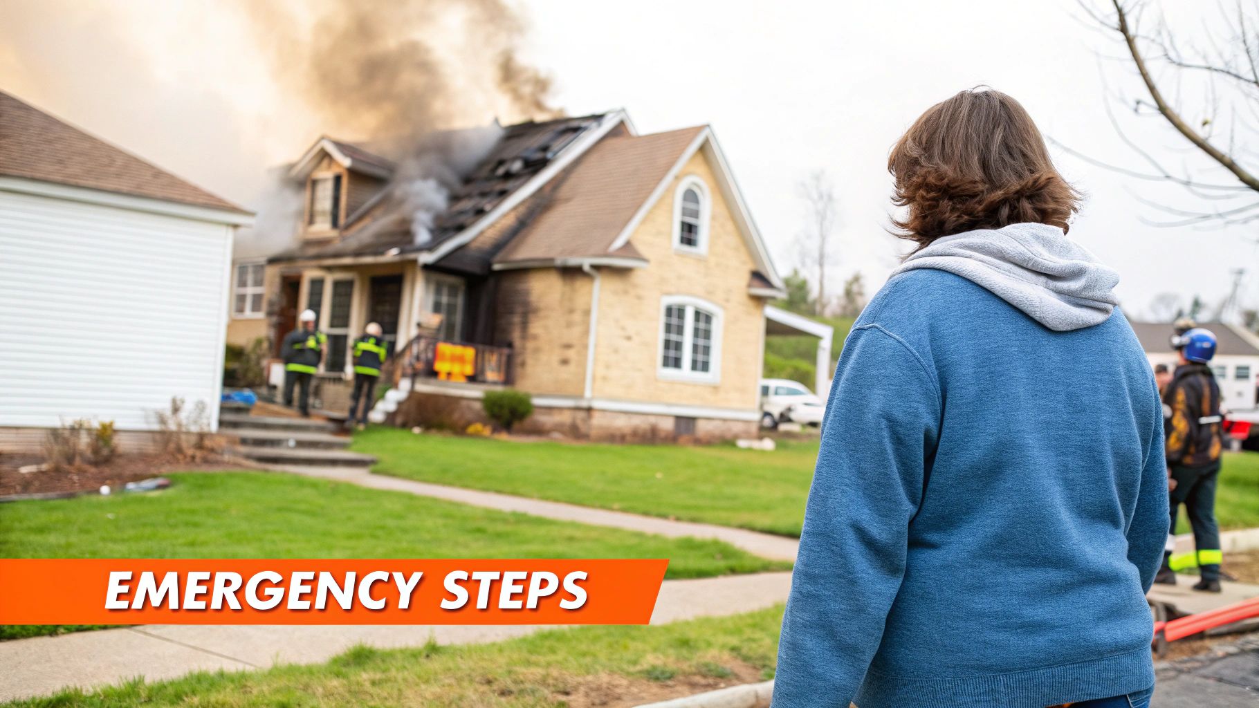 A person observes a house engulfed in smoke and fire with firefighters working on the scene.