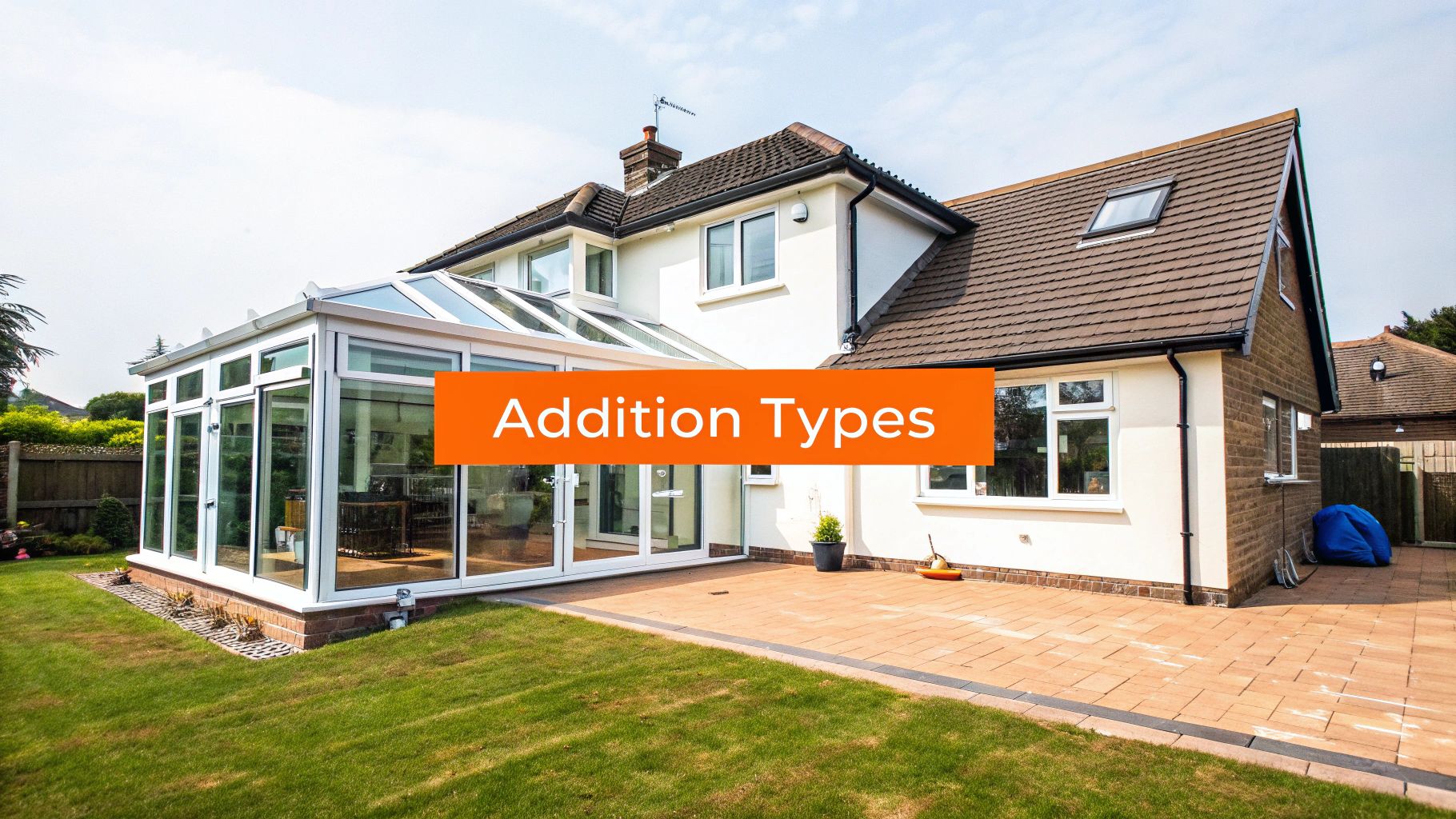 Home addition types illustrated by a modern house featuring a glass conservatory, surrounded by landscaped lawn and patio, emphasizing remodeling and construction services.