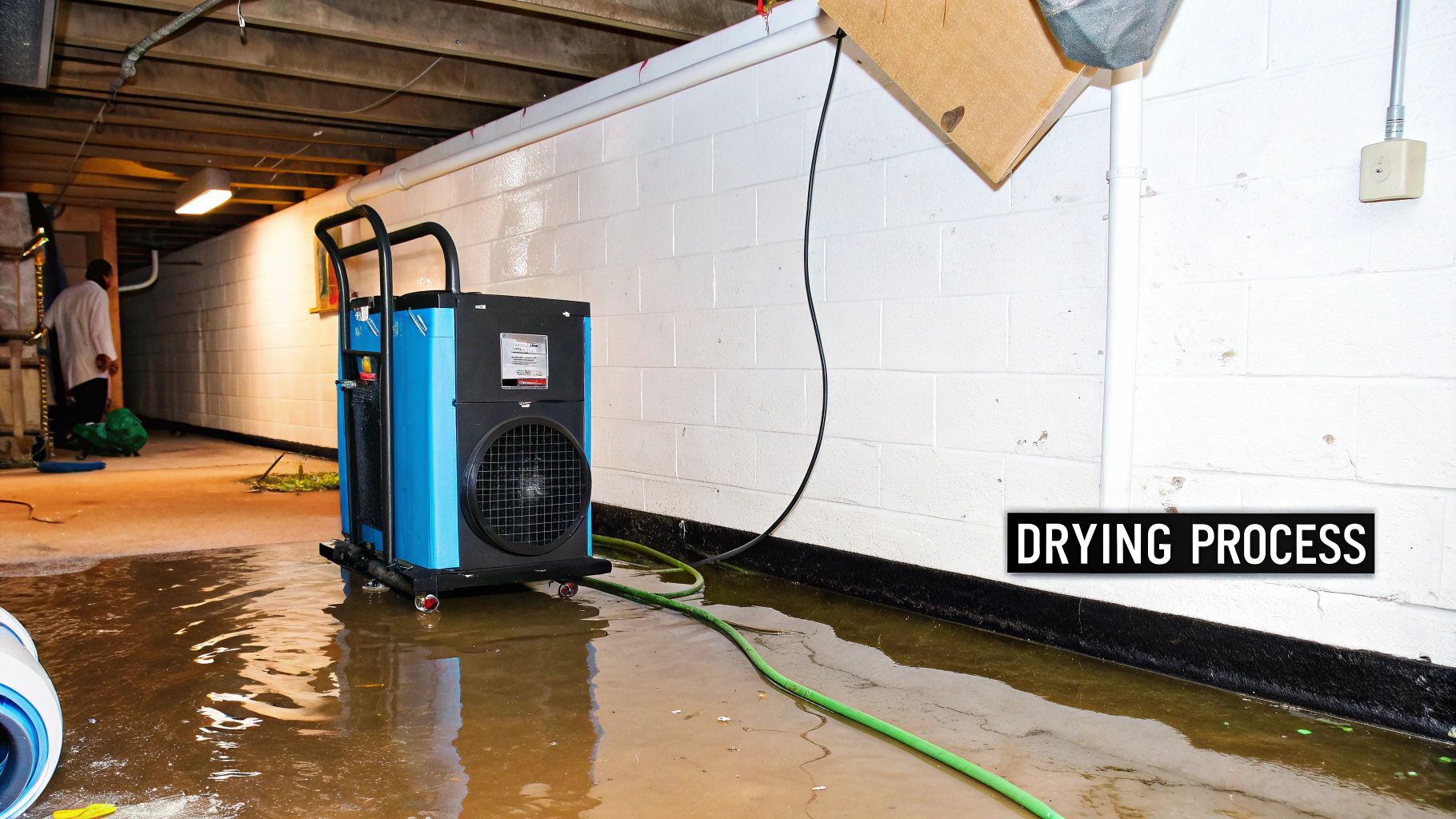 Water damage drying equipment in flooded basement, with visible water pooling on the floor and a worker in the background, emphasizing the critical drying process after water damage.
