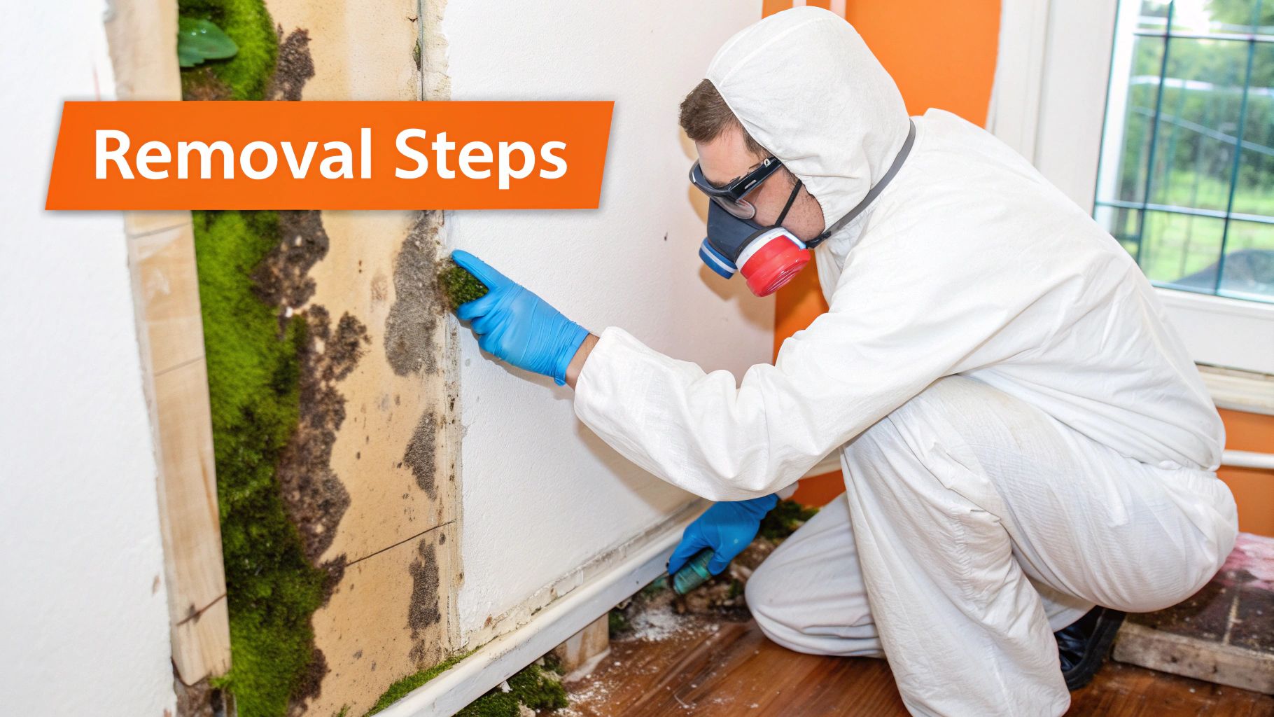 Mold remediation technician in protective gear removing mold from wall, demonstrating effective removal steps for comprehensive mold cleanup and restoration.