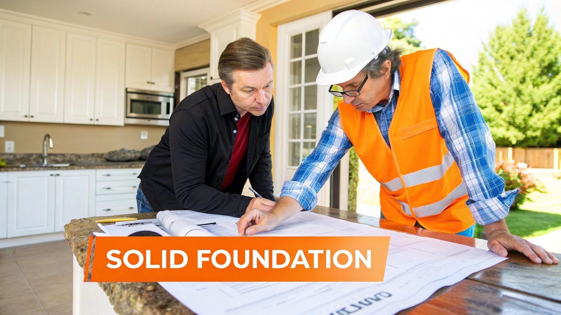 Two men, one a contractor in a hard hat, reviewing blueprints on a kitchen island.