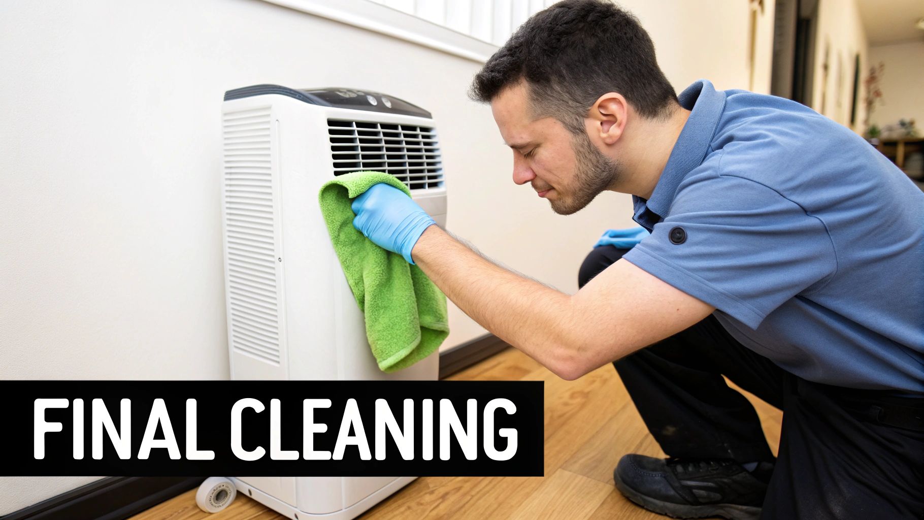 Man in blue shirt performing final cleaning on air purifier with green cloth, emphasizing thorough mold remediation and restoration in home environment.